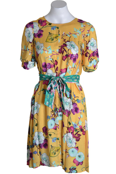 Gold Print Assumpta Belted Oriental Dress