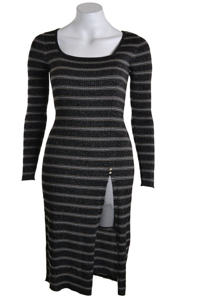 Black Rib Knit Split New Stripe Dress