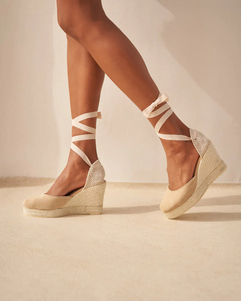 Soft Suede Hamptons Wedge Espadrilles In Champagne Beige