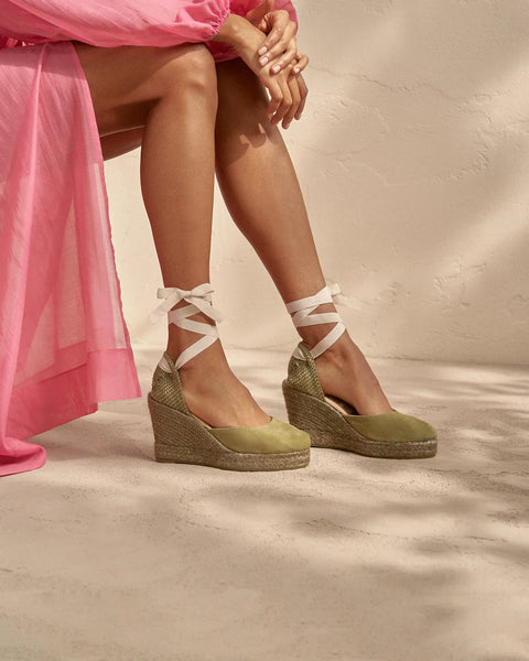 Soft Suede Wedge Hamptons Espadrilles In Khaki With Matching Heel