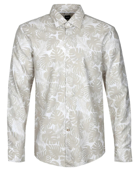 Hugo Boss Boss - C-hal-kent-c1-223 Light Beige Slim Fit Cotton And Linen Blend Leaf Print Shirt 50490445 271