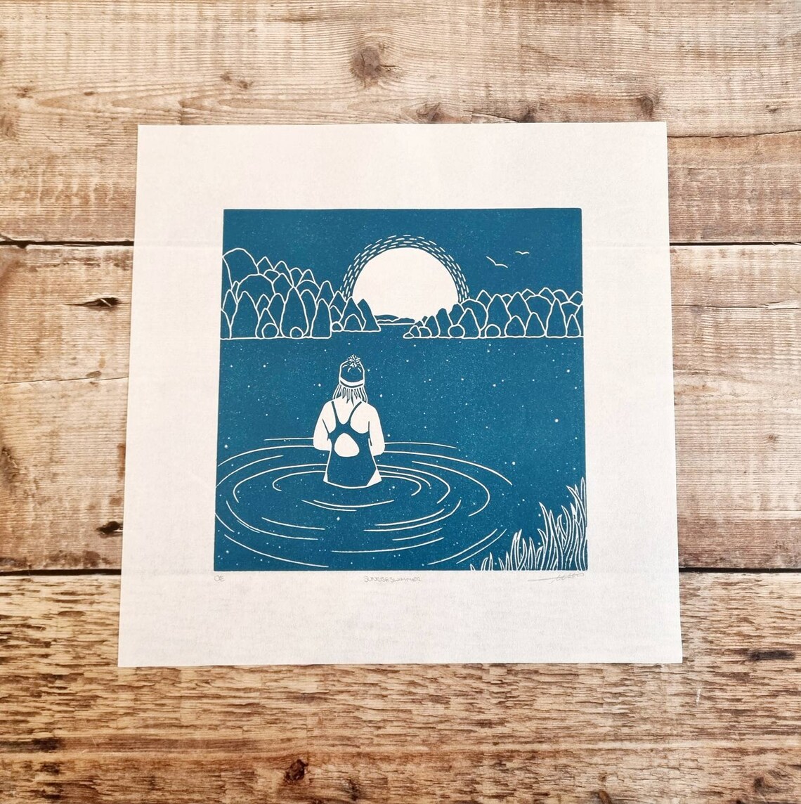 Sunrise Swimmer Lino Print