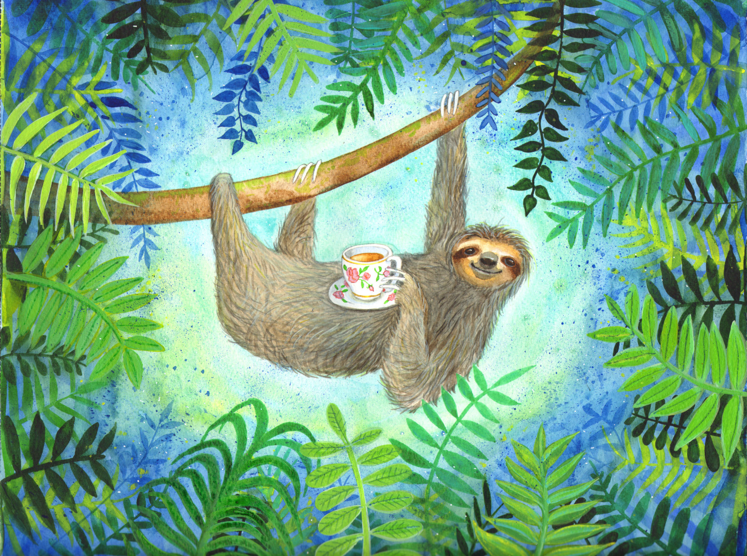 Laura Robertson Artist Sloth Drinking Tea A4 Print