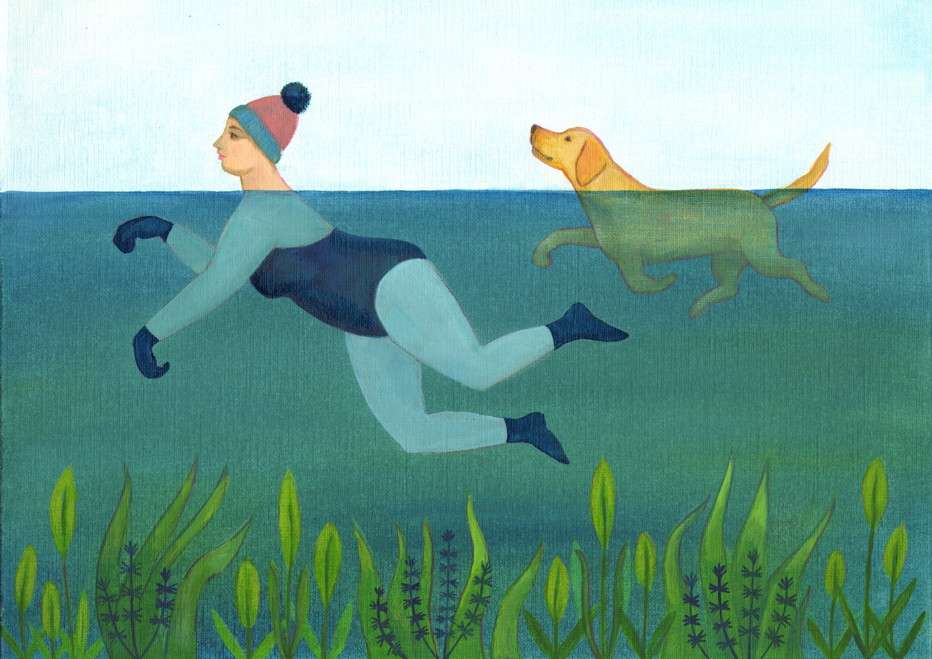 Laura Robertson Artist Doggy Paddle Wild Swimming A4 Art Print