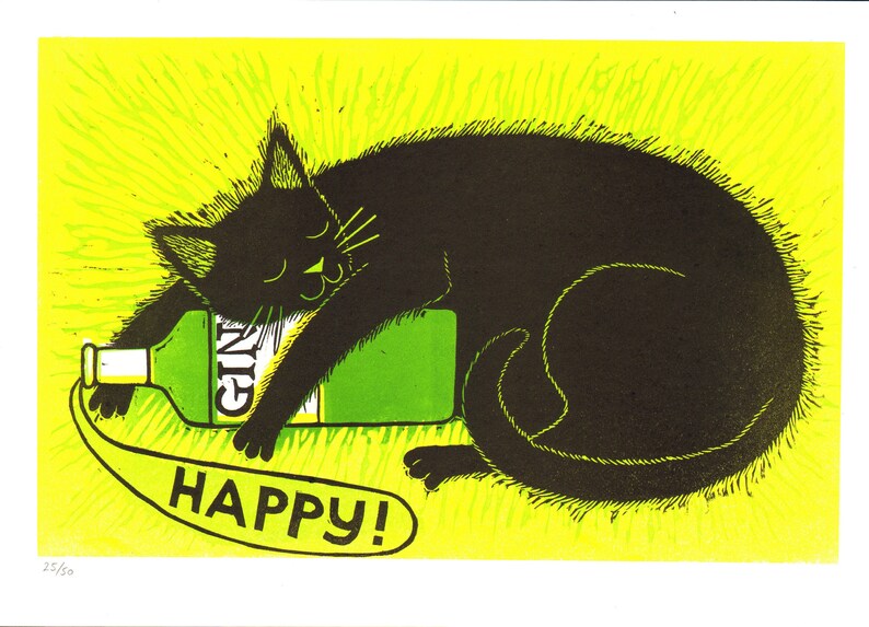 Laura Robertson Artist Happy Gin Cat A4 Lino Print