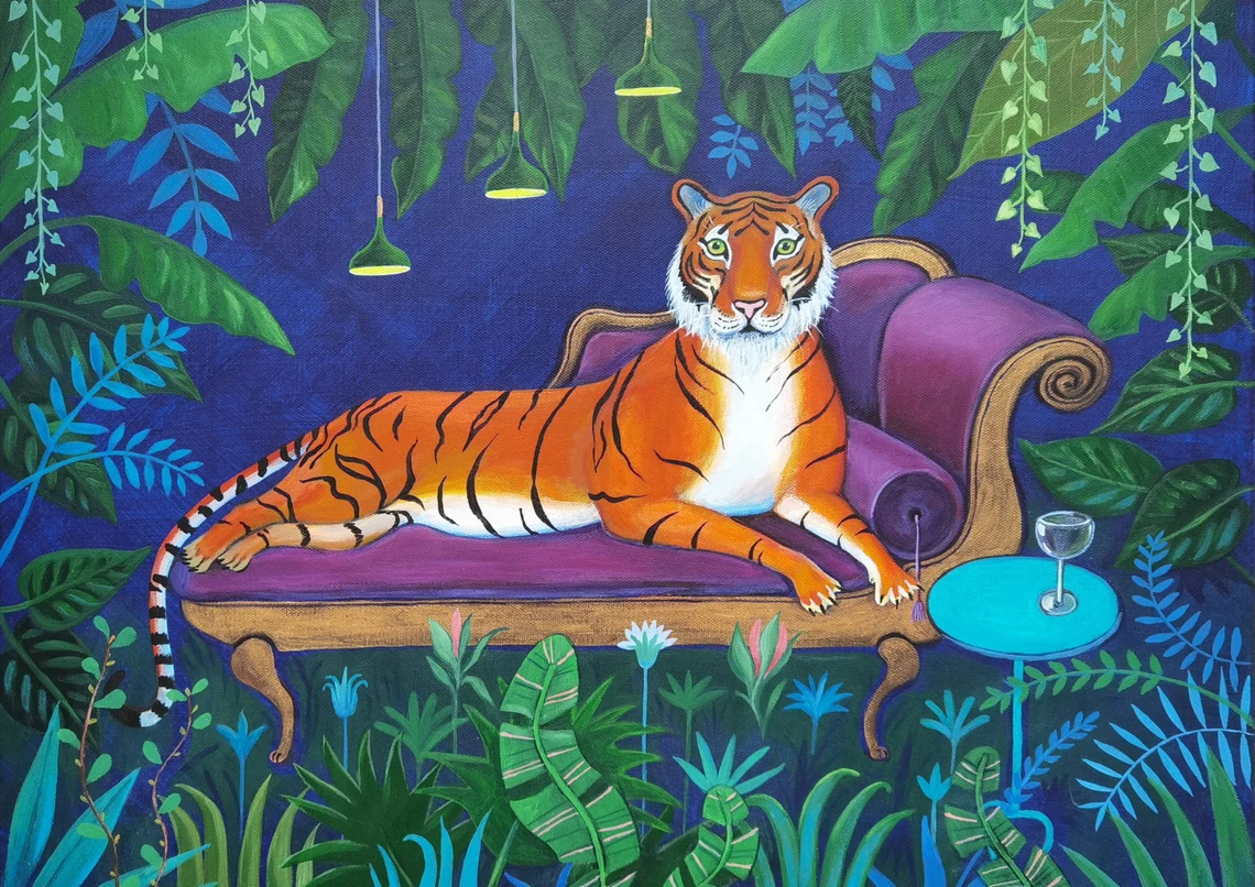 Laura Robertson Artist Tiger on a Chaise Longue with a drink  A4 Art Print