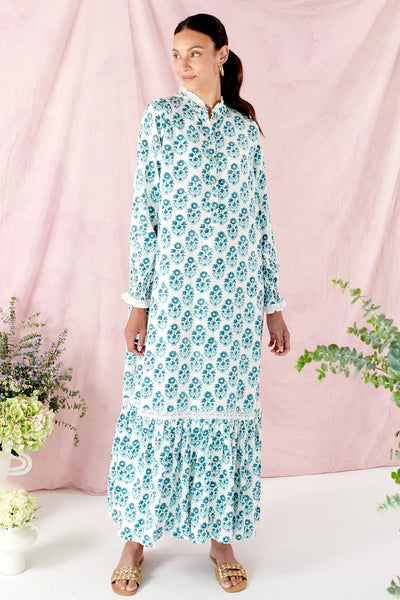 Serena Aqua Pearl Long Dress With Frill Collar