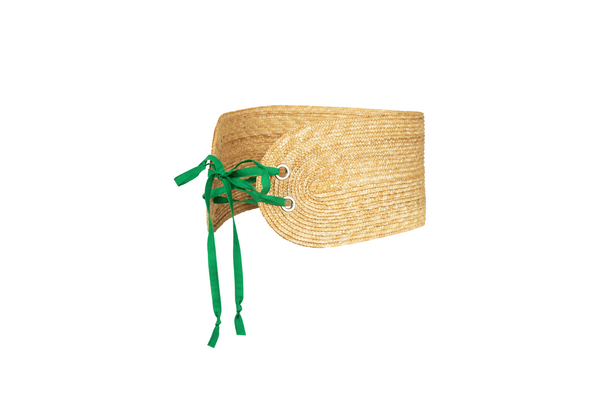 Cadia Wicker Waist Belt With Green Ribbon Tie