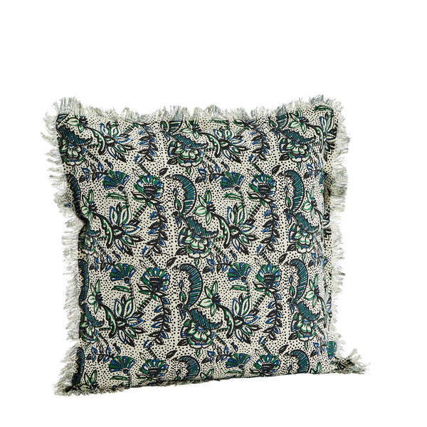 Off White Green Blue Black Floral Block Print Cotton Cushion Cover