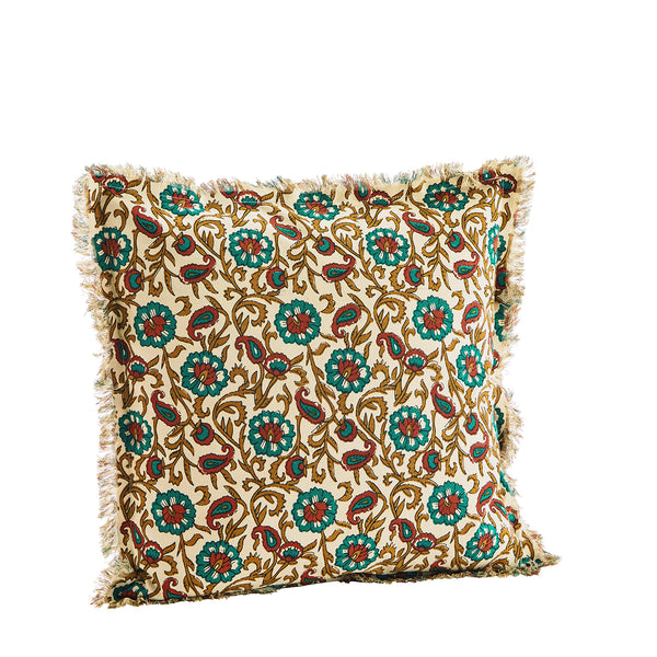 Beige Green Paprika & Mustard Floral Block Print Cotton Cushion Cover