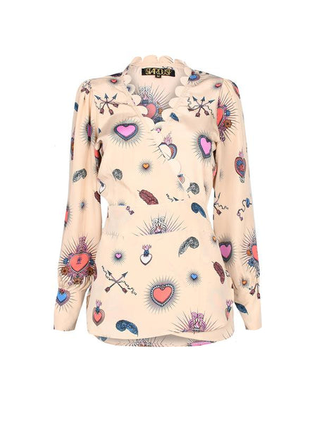 Beige Scallop Heart Wrap Blouse