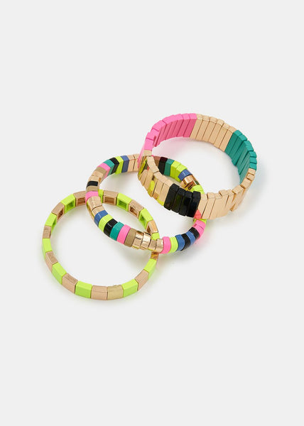 Gold Pink And Neon Yellow Set Of Three Bracelets