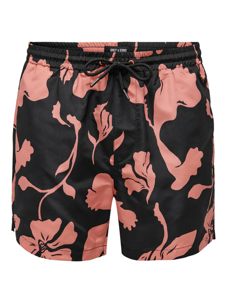 Only And Sons Floral Swim Shorts Black & Pink