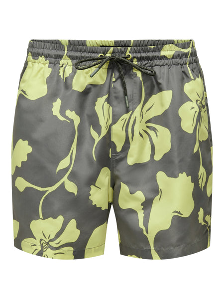 Only And Sons Floral Swim Shorts Grey & Green