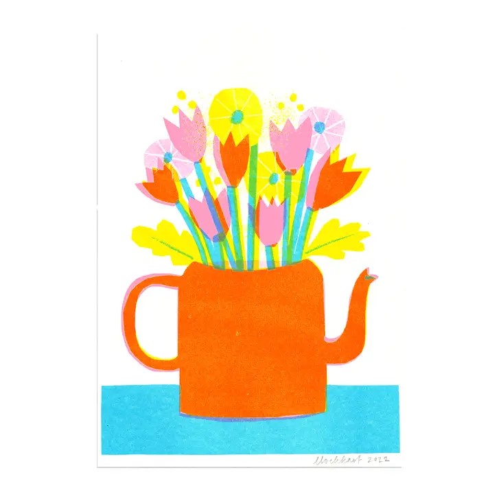 Teapot Flowers A4 Risograph Print
