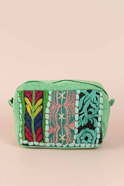 Embroidered Striped Wash Bag In Green