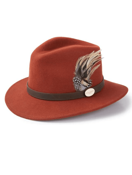 Hicks and Brown Cinnamon Guinea Suffolk Fedora with Pheasant Feather