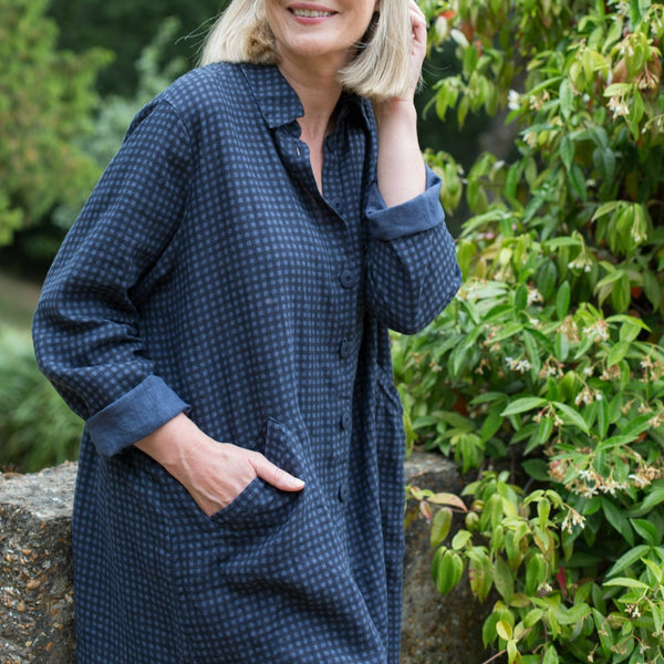 Linen Check Dress - Indigo