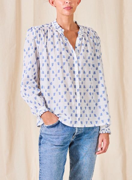 Chrissie White/blue Flowers Long Sleeve Top