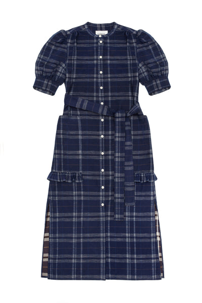 Saywood Rosa Puff Sleeve Shirtdress In Navy Check Deadstock Cotton