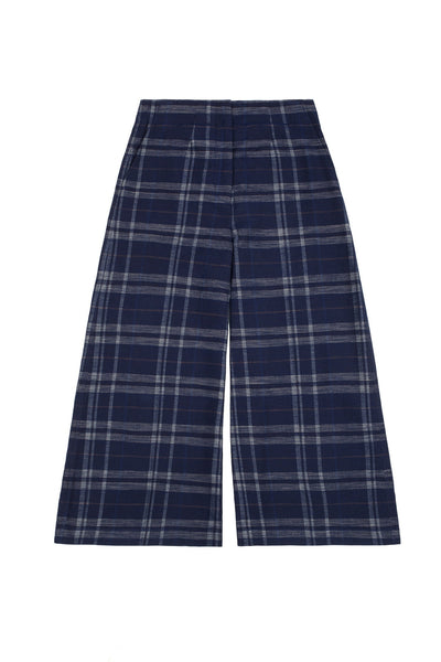 saywood-amelia-wide-leg-culotte-trousers-in-navy-check-deadstock-cotton