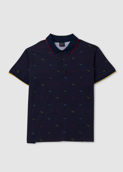 Paul & Shark Men's Cotton Pique Polo With Sharks Print In Navy