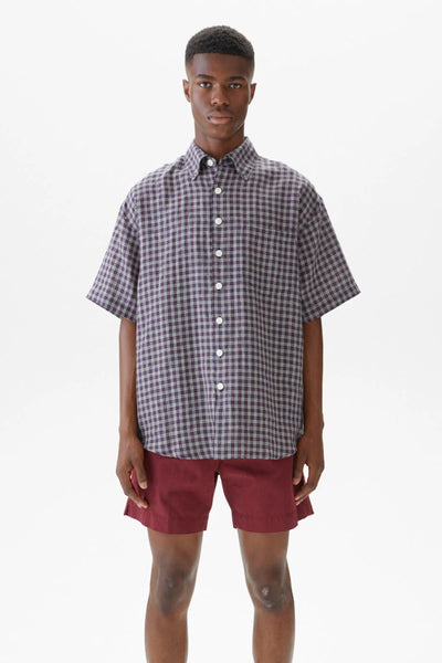 Shirt Oversized SS Linen Check Red/Navy/Cream