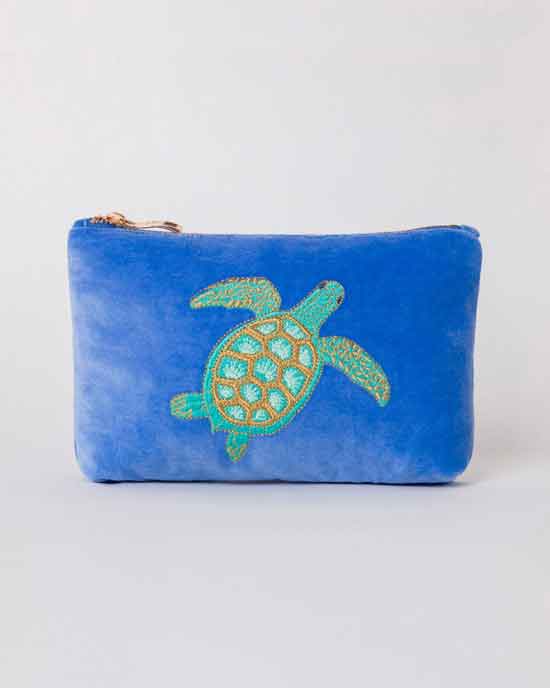 Elizabeth Scarlett Swimming Turtle Marine Blue Velvet Mini Pouch
