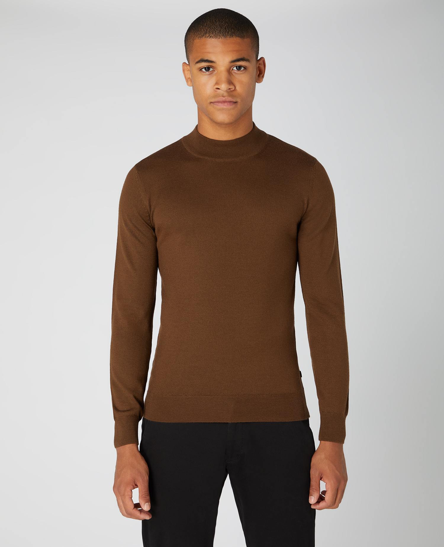 Brown Merino Wool Slim Fit Blend Turtle Neck Knitwear