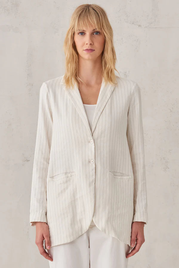 Pinstriped Stretch Linen and Viscose Long Jacket