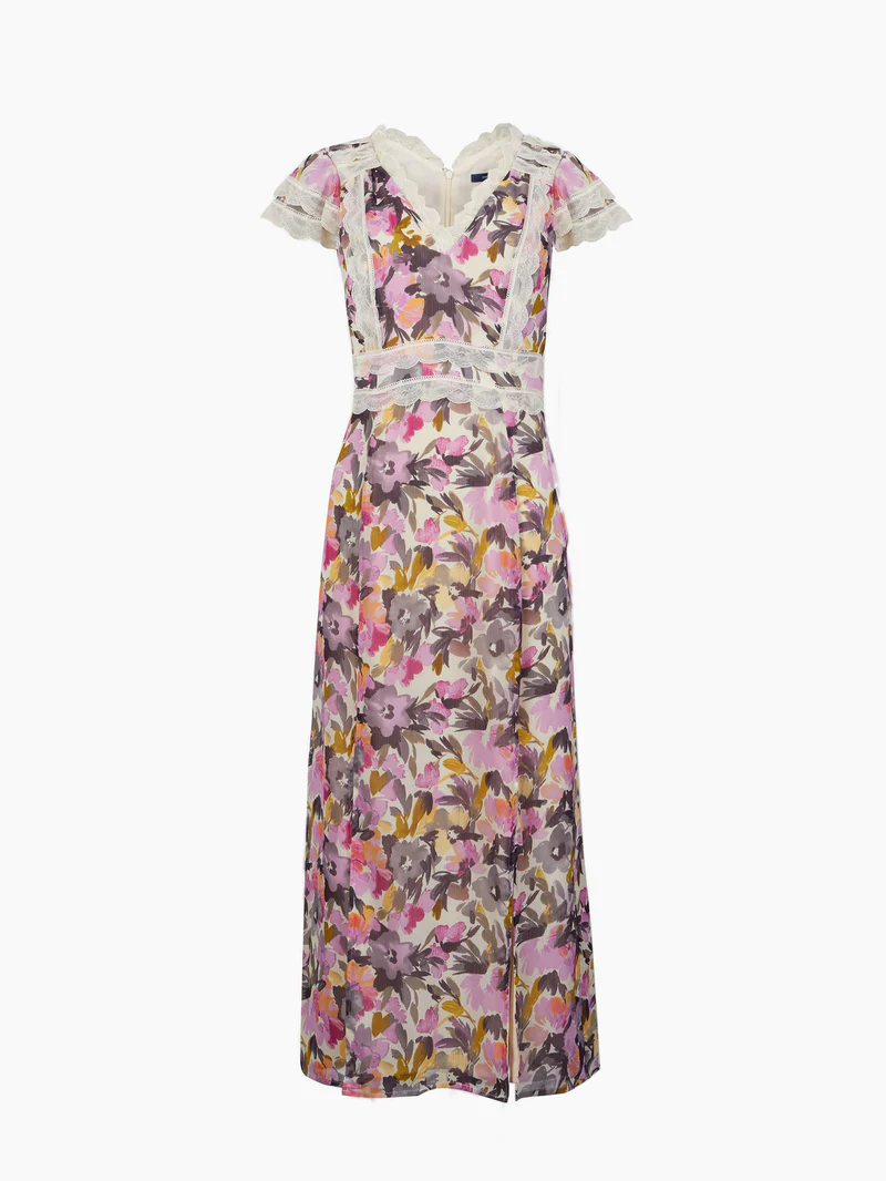 Orchid Bouquet and Classic Cream Catlett Recycled Crinkle Lace Trim Midi Dress