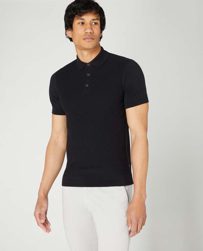 Black Slim Fit Knitted Cotton Short Sleeve Polo T Shirt