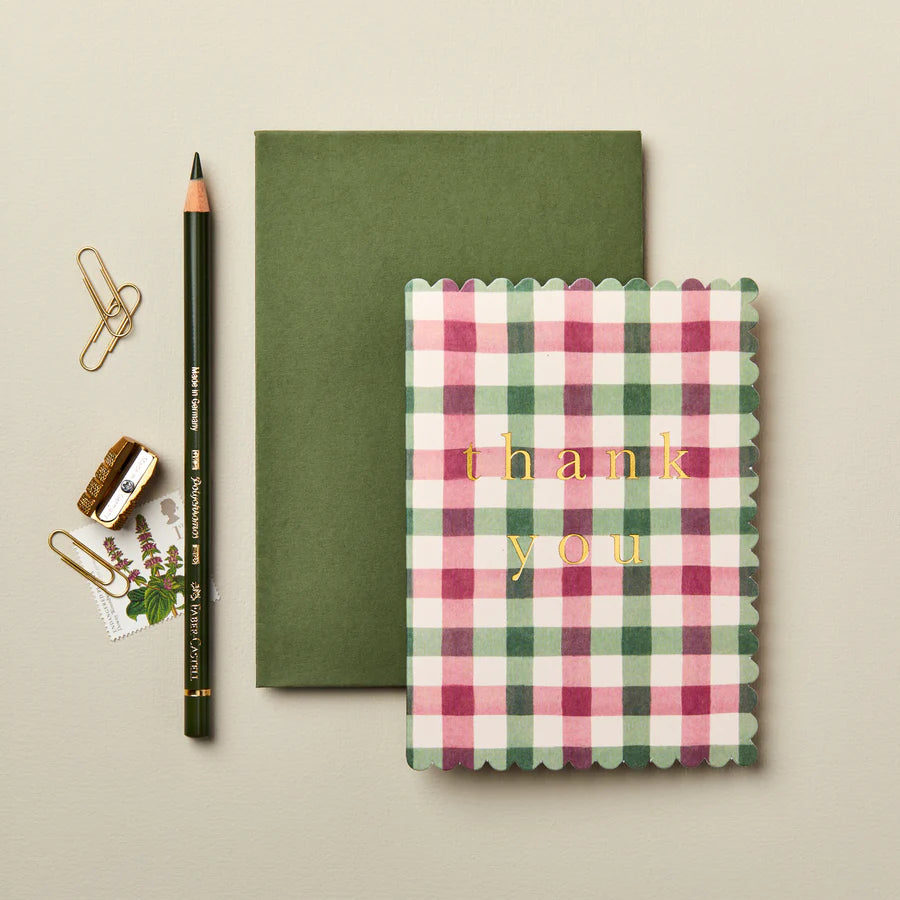 Pink & Green Gingham Thank You Card