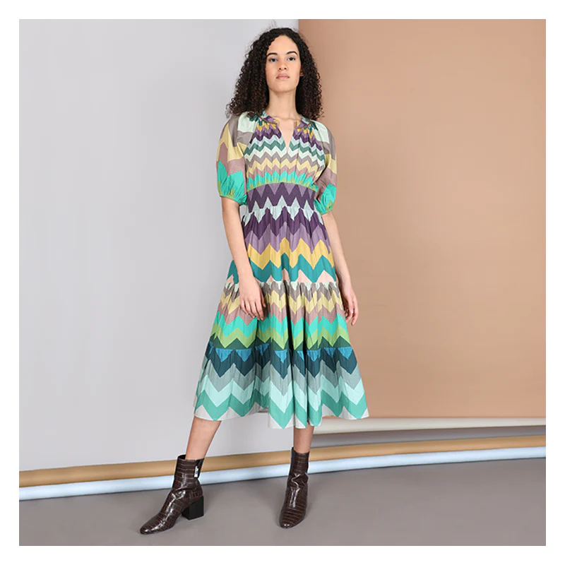 Green Puff Sleeve Zig Zag Megann Dress