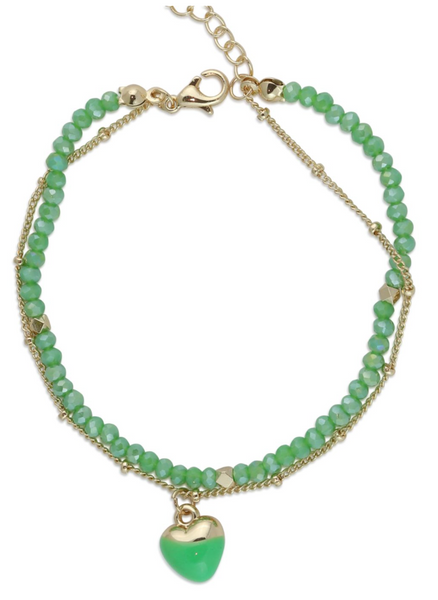 Olympia Heart Charm Layered Beaded Bracelet - Green