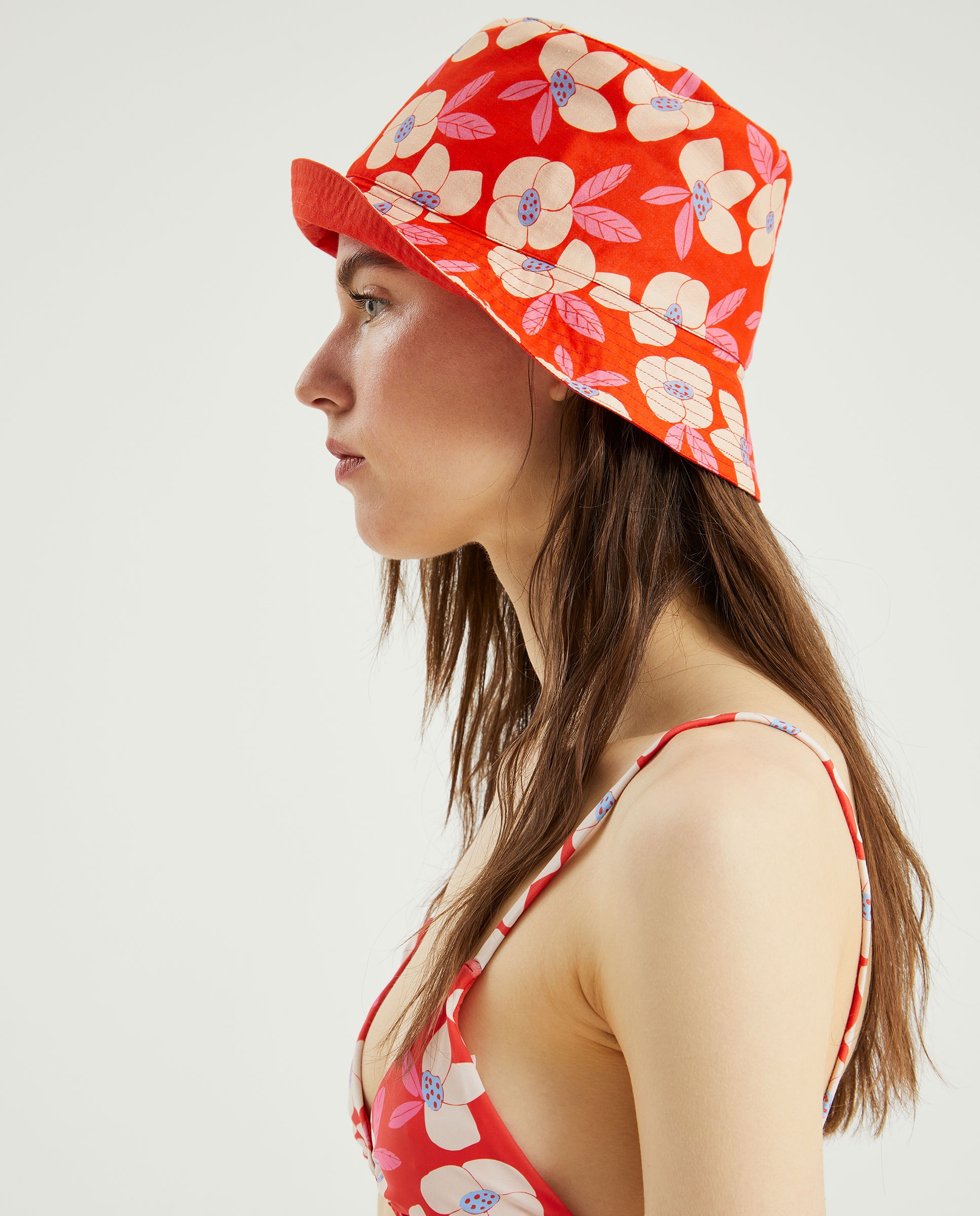 Cherry Red Floral Print Reversible Bucket Hat