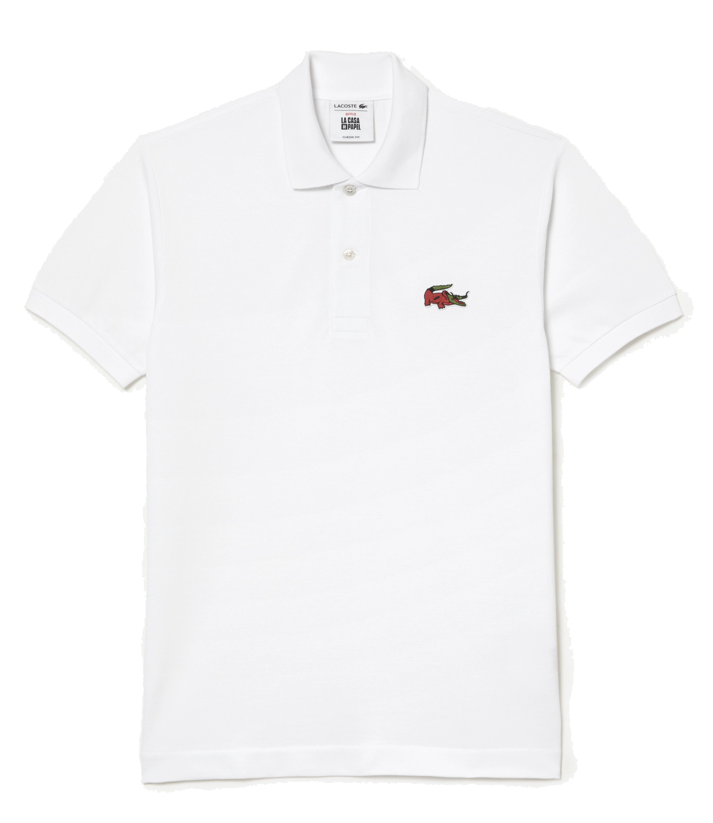 LACOSTE X NETFLIX POLO SHIRT PRINT LA HOUSE OF PAPER WHITE