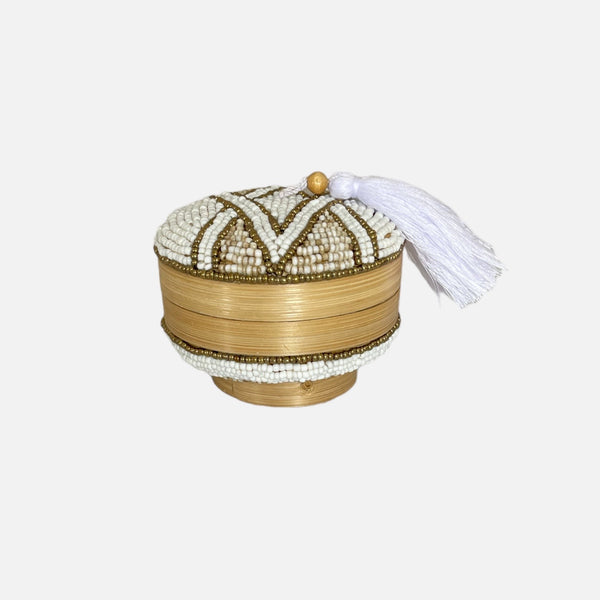 Uma Cantik Melasti Bead Box Round With Tassel - White and Gold