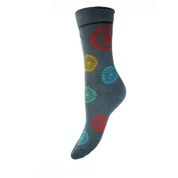 Coloured Flowers Blue Bamboo Socks