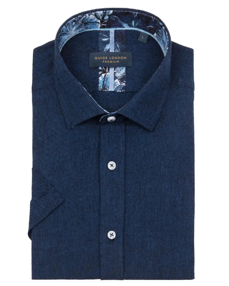 Linen Blend Short Sleeve Shirt - Denim Blue