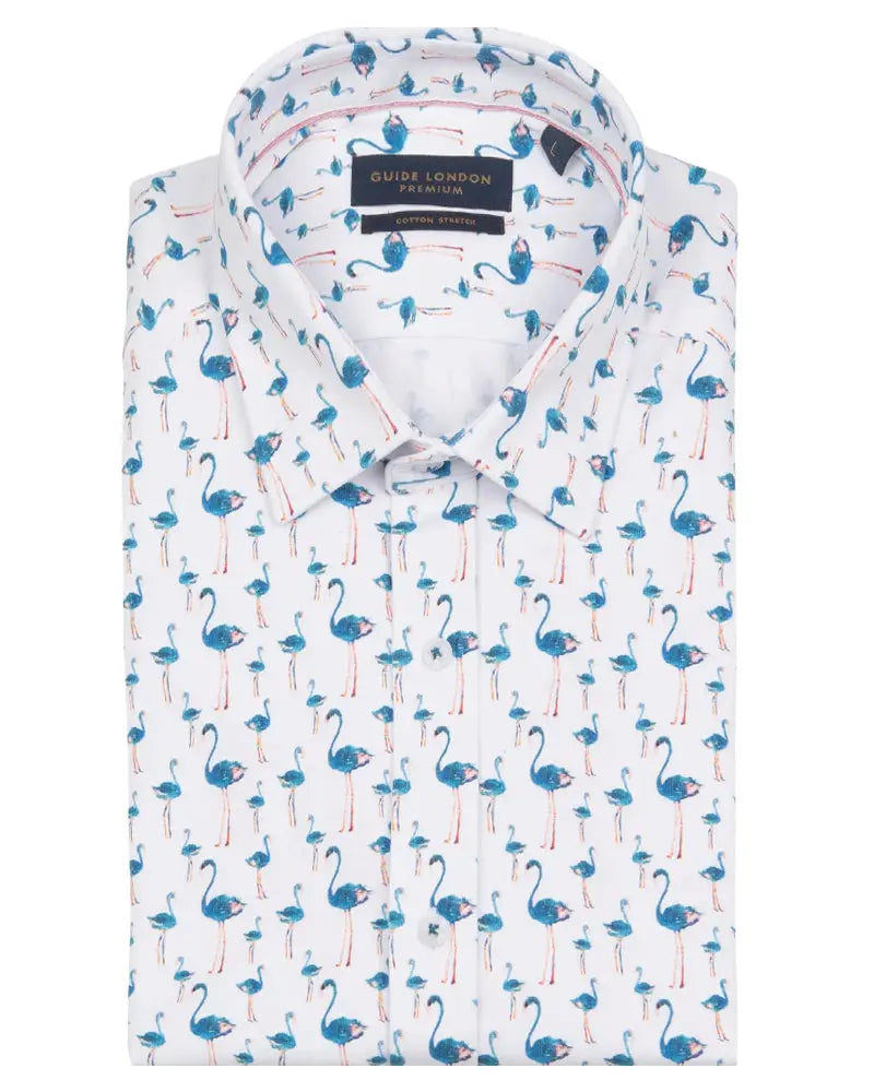 Blue Flamingo Print Short Sleeve Shirt - White/navy