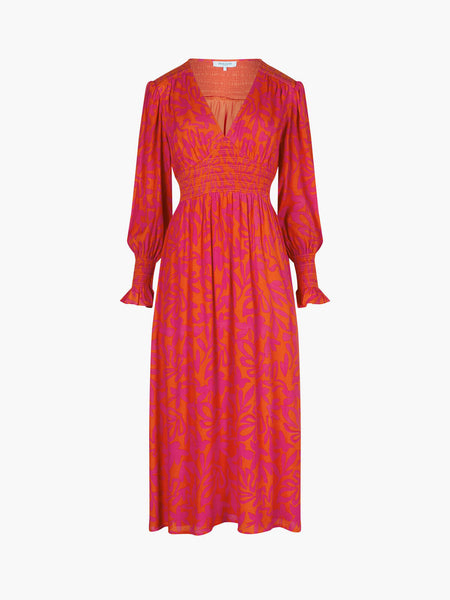 Aruba Palm V Neck Midi Dress - Flame / Magenta