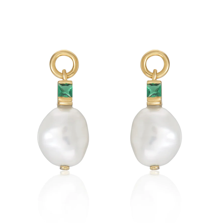 V by Laura Vann Fleur Baroque Pearl Drop Earrings with Emerald Green Stone