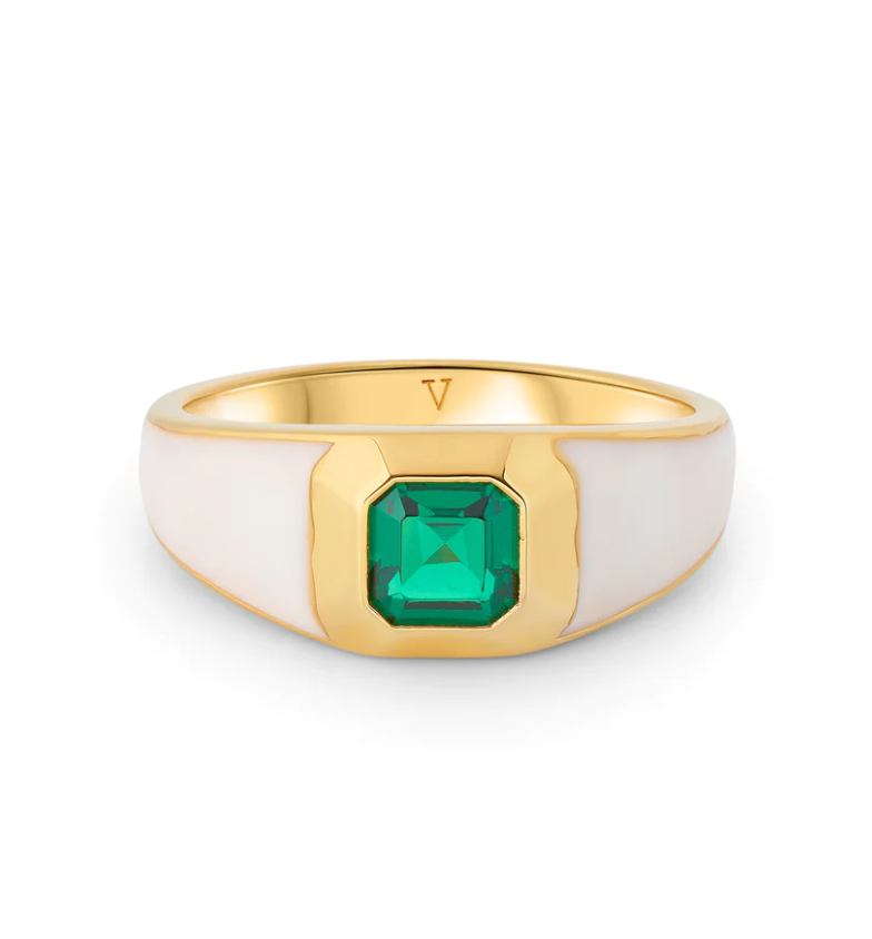V by Laura Vann Sophie White Enamel / Green Stone Signet Ring