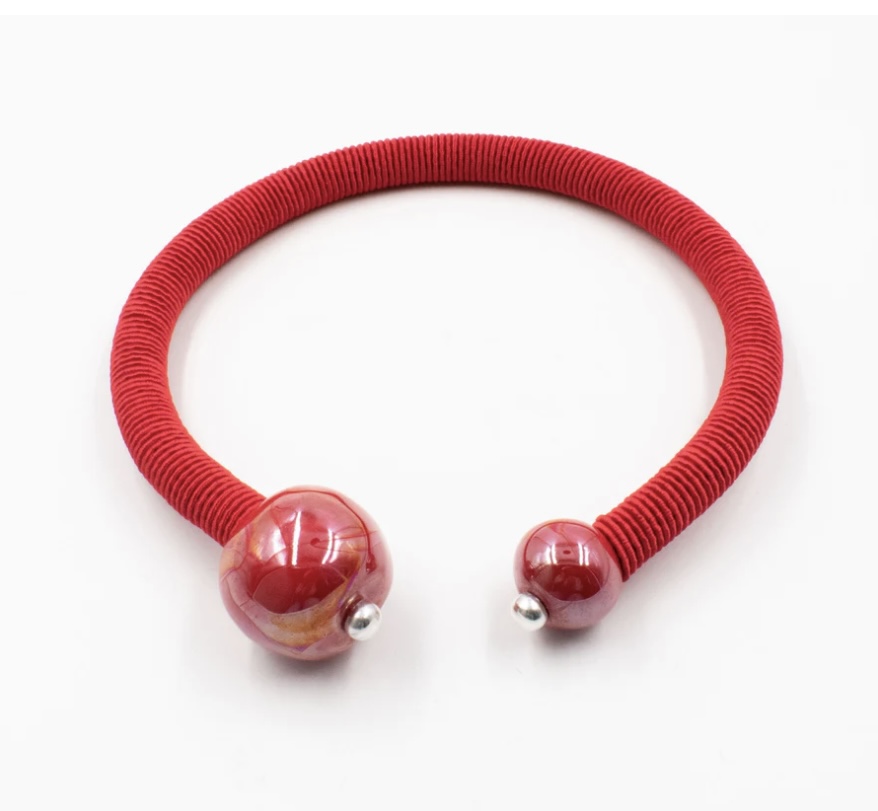 Christina Brampti Short Red Silk Cord Necklace with Ceramic Beads