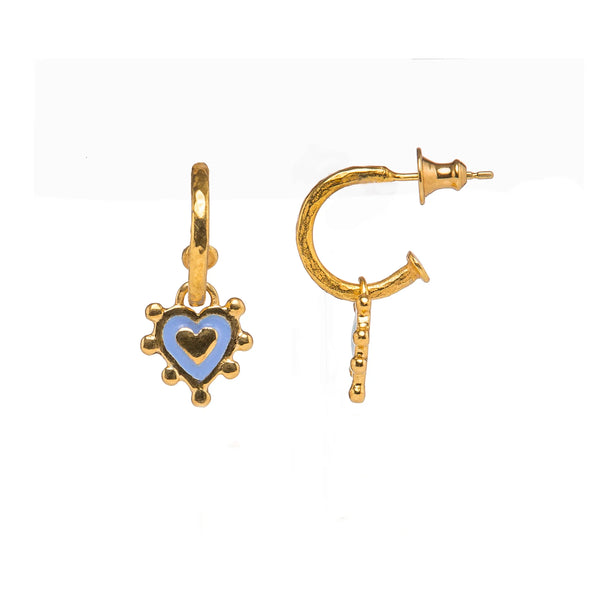 Tiny Hoop Earrings With Cornflower Blue Heart Charm