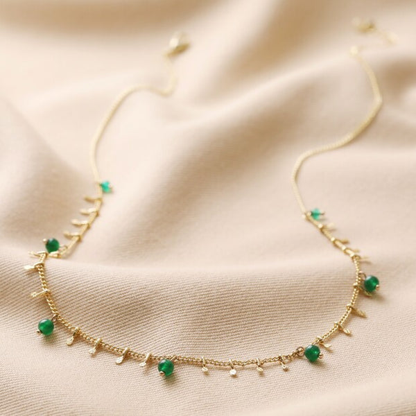 Semi Precious Stone Green Beaded Droplet Necklace In Gold