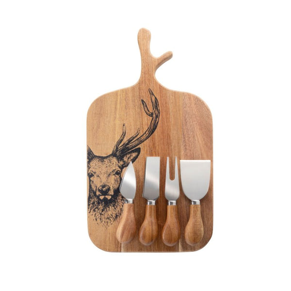 Stag Acacia Cheese Board and Four Piece Cheese Knife Set