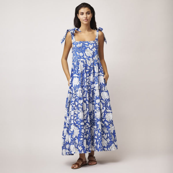 Fashion Capri Tie Strap Tiered Maxi Dress Blue