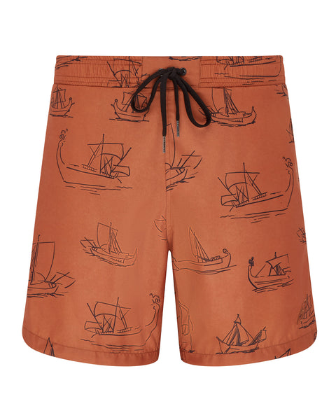 Roman Boat Print Swim Shorts (orange/navy)